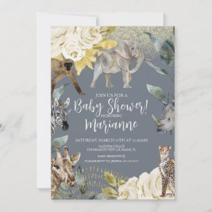 Wilde Tiere Baby Shower Glitzer Dusty Blue Einladung