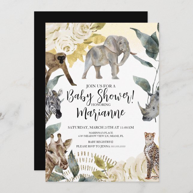 Wilde Tiere Baby Shower Imitate Gold Glitzer Einladung (Vorne/Hinten)