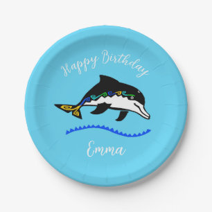 Wilde Tiere - DOLPHIN - Happy Birthday- Blau Pappteller