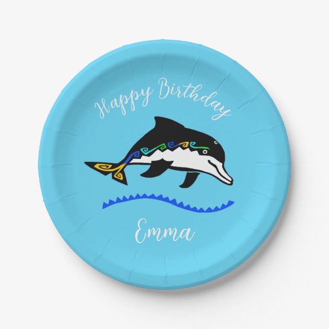 Wilde Tiere - DOLPHIN - Happy Birthday- Blau Pappteller (Vorderseite)