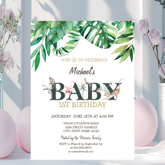 Wilde Tiere Greneery Blätter 1. Geburtstag Einladung