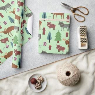 Wilde Tiere im Wald Hirsch Wildschwein Wolf Geschenkpapier