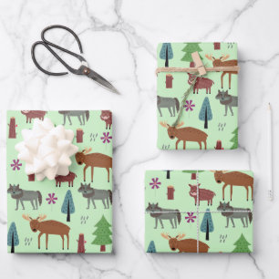 Wilde Tiere im Wald Hirsche Wolf Geschenkpapier Set