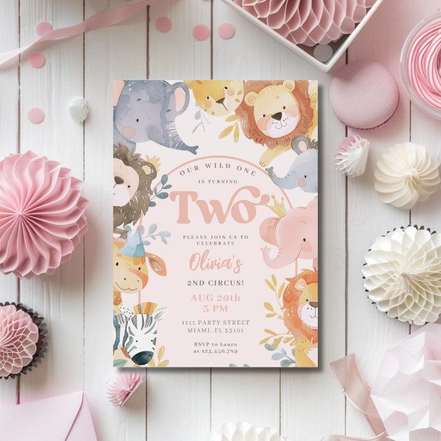 Wilde Tiere Rosa Zwei-Mädchen-Foto Geburtstag Einladung (Von Creator hochgeladen)