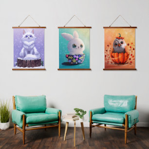 Wilde Tiere süß Waldtiere: Fuchs, Eule & Kaninchen Wandteppich Mit Holzrahmen