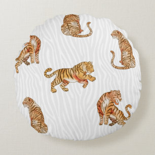 Wilde Tiger: Aquarelltiermuster. Rundes Kissen