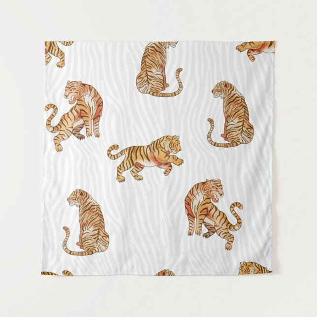 Wilde Tiger: Aquarelltiermuster. Wandteppich (Vorderseite)