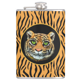 Wilde Tiger-Gesicht auf Tiger-Skin-Muster-Kolben Flachmann