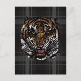 Wilde Tiger-Gesicht-Grunge-Karo-Straßenmode Postkarte