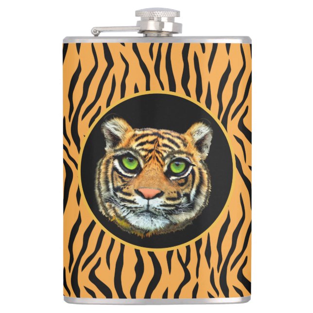Wilde Tiger-Gesichter auf Tiger-Muster-Flasche Flachmann (Vorderseite)
