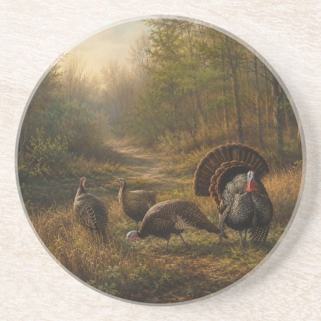 Wilde Truthähne im herbstlichen Wald Getränkeuntersetzer (Vorne)