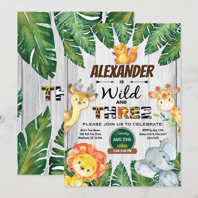 Wilde und 3. Geburtstagssafari Einladung (Vorne/Hinten)