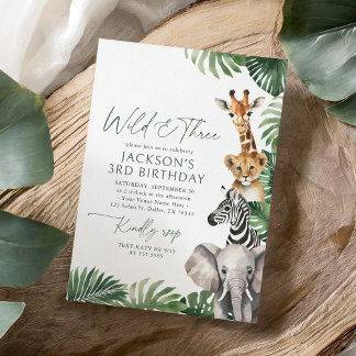 Wilde und drei Safari-Tiere 3. Geburtstag Einladung