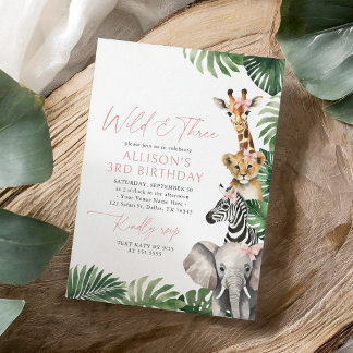 Wilde und drei Safari-Tiere Mädchen 3. Geburtstag Einladung