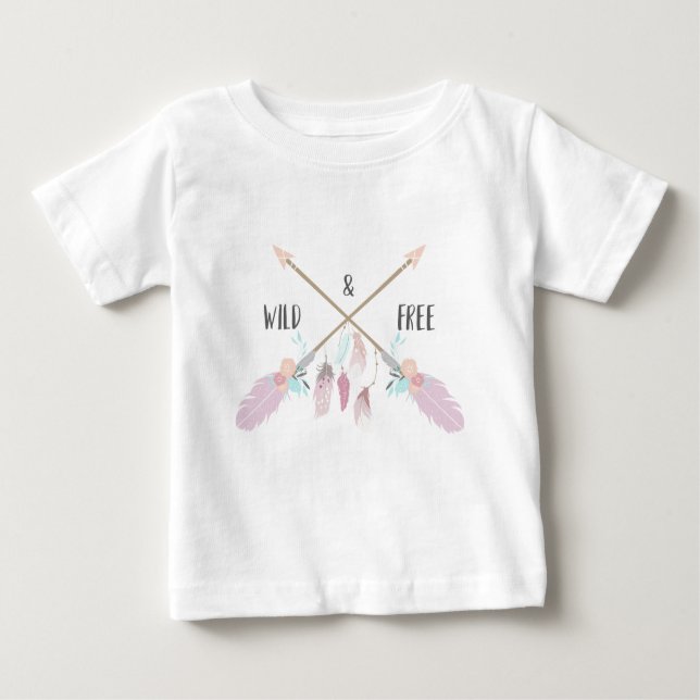 Wilde und freie Boho Federn Typografie Baby T-shirt (Vorderseite)
