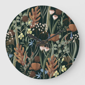 Wilde und getrocknete Blumenmuster. Große Wanduhr