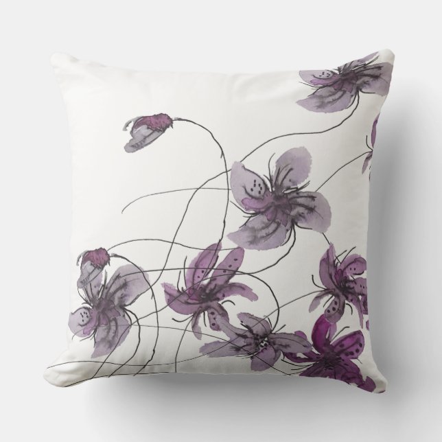 Wilde Violets Boho Floral Wasserfarbe Handgemalt Kissen (Vorderseite)
