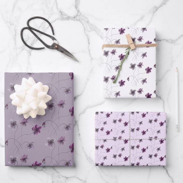 Wilde Violets Wasserfarben Handgemalt Geschenkpapier Set (Vorderseite)