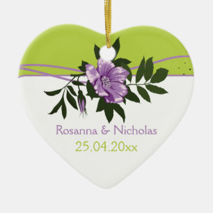Wilde violette Rosenblüten-Hochzeit grüne Erinneru Keramik Ornament