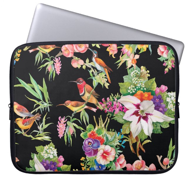 Wilde Vögel Blume: Schwarz Vintag Laptopschutzhülle (Vorderseite)