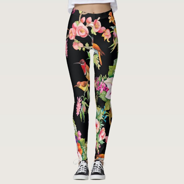 Wilde Vögel Blume: Schwarz Vintag Leggings (Vorderseite)
