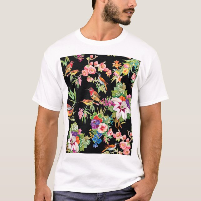 Wilde Vögel Blume: Schwarz Vintag T-Shirt (Vorderseite)
