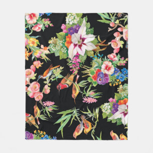 Wilde Vögel Blumen: Schwarze Vintage Fleecedecke