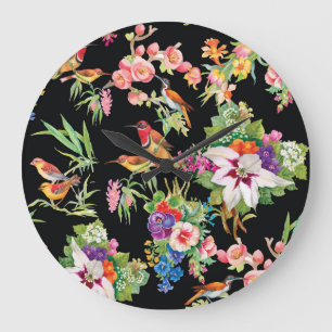 Wilde Vögel Blumen: Schwarze Vintage Große Wanduhr