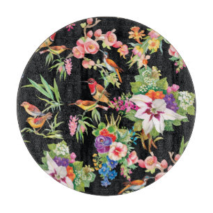 Wilde Vögel Blumen: Schwarze Vintage Schneidebrett