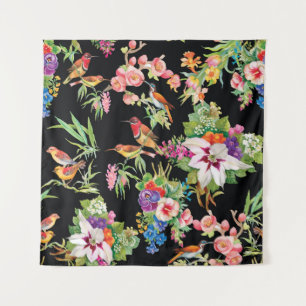 Wilde Vögel Blumen: Schwarze Vintage Wandteppich