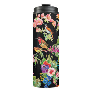 Wilde Vögel Blumen: Schwarzes Vintage Thermosbecher