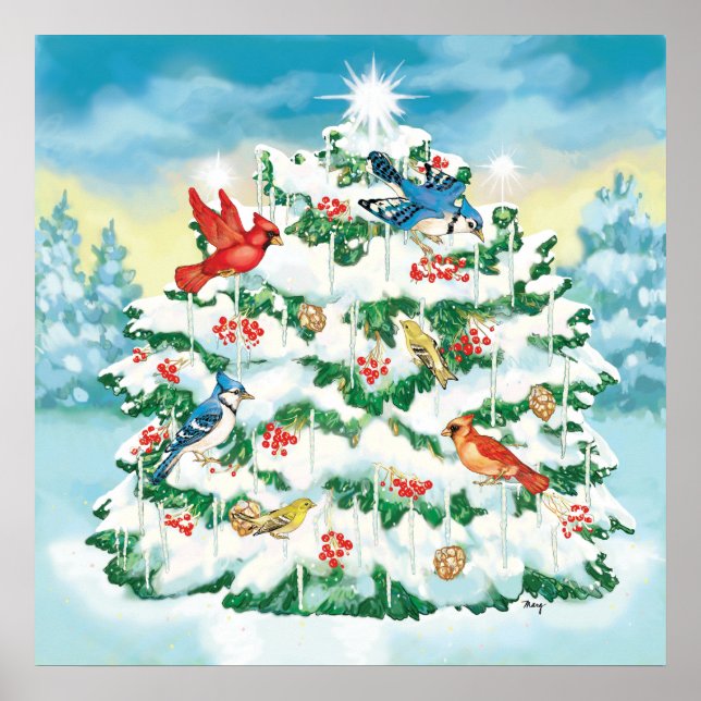 Wilde Vögel in der Natur mit Starlit Weihnachtsbau Poster (Vorne)