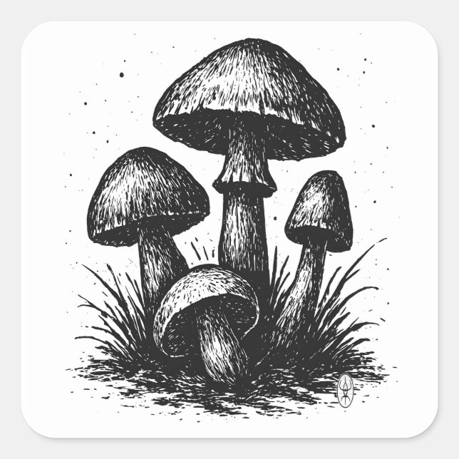 Wilde Waldpilze – Tuschekunst Quadratischer Aufkleber (Vorderseite)