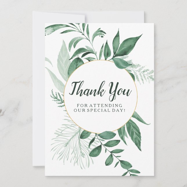 Wilde Wasserfarben Blätter Jäger Grüne Hochzeit Dankeskarte (Vorderseite)