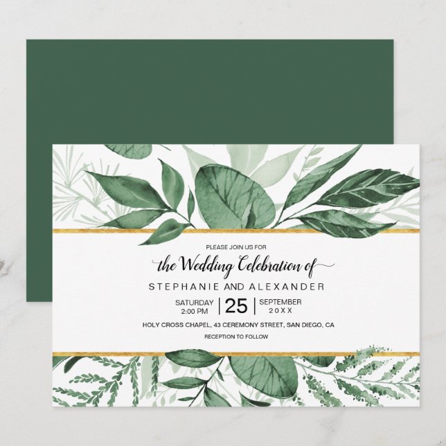 Wilde Wasserfarben Blätter Jäger Grüne Hochzeit Einladung (Vorne/Hinten)