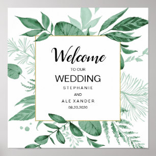 Wilde Wasserfarben Blätter Jäger Grüne Hochzeit Poster