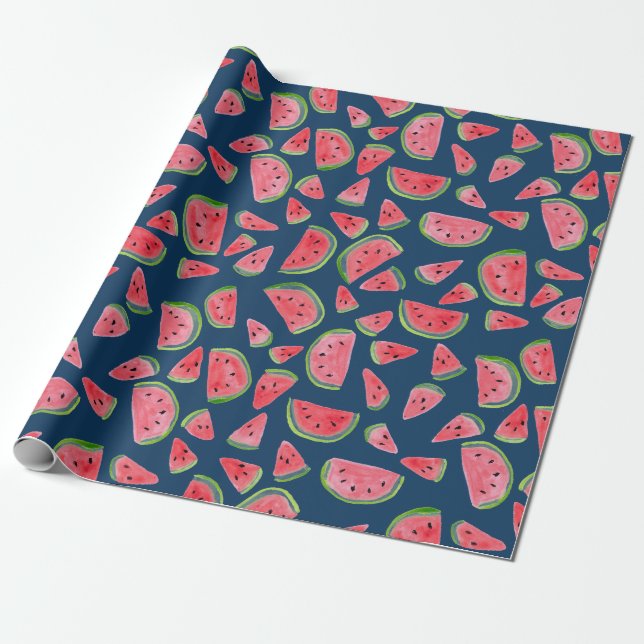 Wilde Wassermelone auf blauem Geschenkpapier Aquar (Ungerollt)