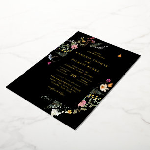 Wilde Wiesen-Blumenbogenrahmen Schwarz Hochzeit Folieneinladung