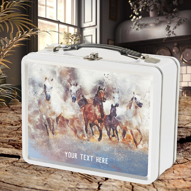 Wilde Wildläufer Metall Brotdose (Lunch Box featuring a watercolor image of wild running horses)