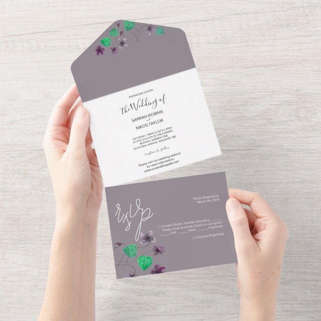 Wilde Wiolets Wasserfarbe Handgestrichen All In One Einladung (Abreißen)