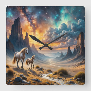 Wilde Wüstenlandschaft und Fohlen Quadratische Wanduhr
