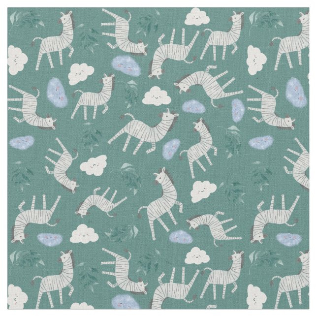 Wilde Zebra-Pferde Aquarellkinder blau Stoff (Nahaufnahme)