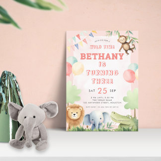 Wilde Zeit Jungle 3. Geburtstag Party Rosa Einladung