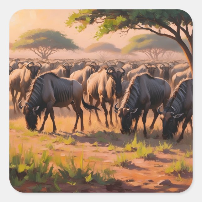 Wildebeest in Savanne Quadratischer Aufkleber (Vorderseite)