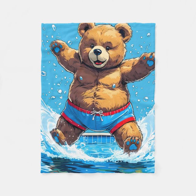 Wilder Bären-Sommer-Vintage-Pool  Fleecedecke (Vorderseite)