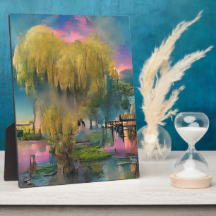 Wilder Baum bei Sonnenuntergang am Teich Fotoplatte