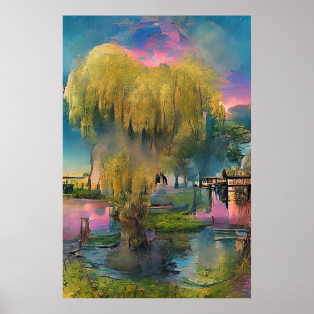 Wilder Baum bei Sonnenuntergang am Teich Poster (Vorne)