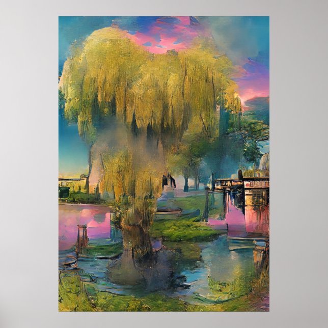 Wilder Baum bei Sonnenuntergang am Teich Poster (Vorne)