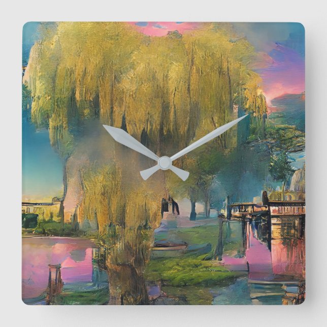 Wilder Baum bei Sonnenuntergang am Teich Quadratische Wanduhr (Vorderseite)