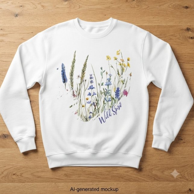 Wilder Blumengeist – Ästhetisches Geschenk für Sie Sweatshirt (Watercolor wild grasses and wildflowers with purple "Wild Spirit" text, an earthy and bohemian gift )